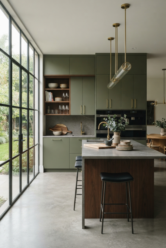 Olive green kitchen with walnut wood open shelving