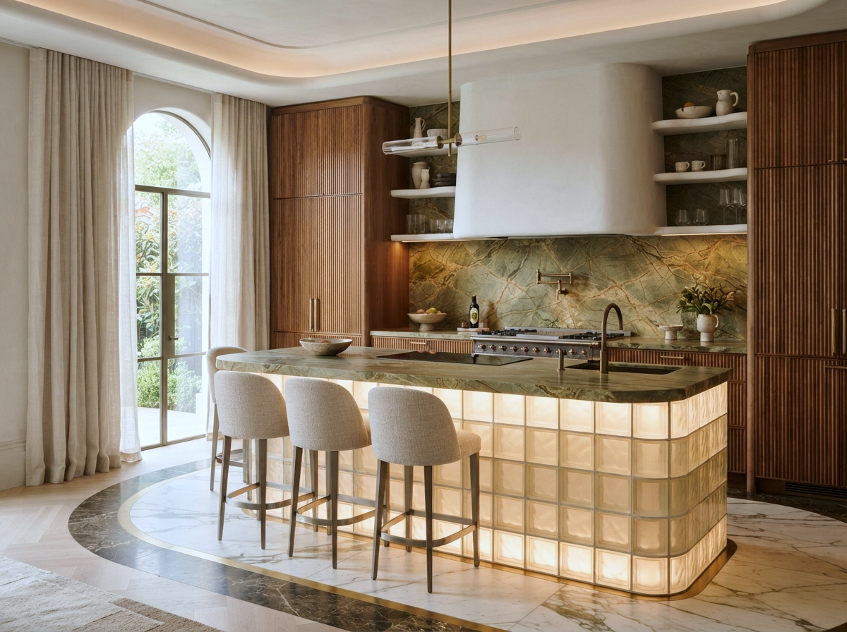 Olive green marble kitchen with an illuminated glass block island