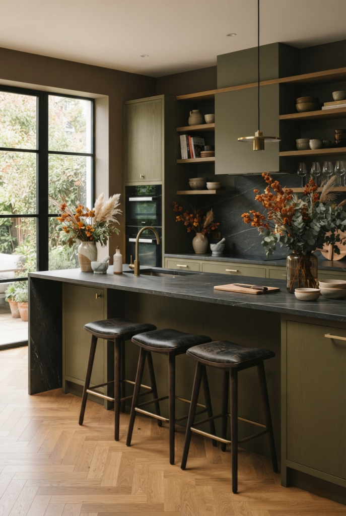 Olive-toned wood kitchen with dark stone backsplash