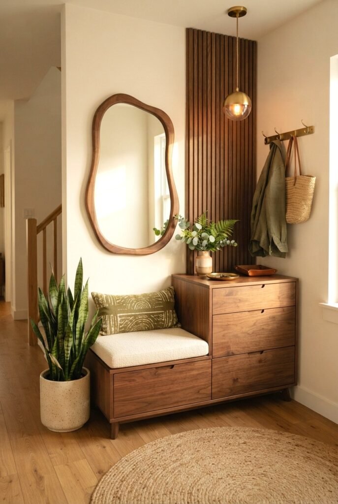 Small entryway with a walnut bench and organic wood mirror