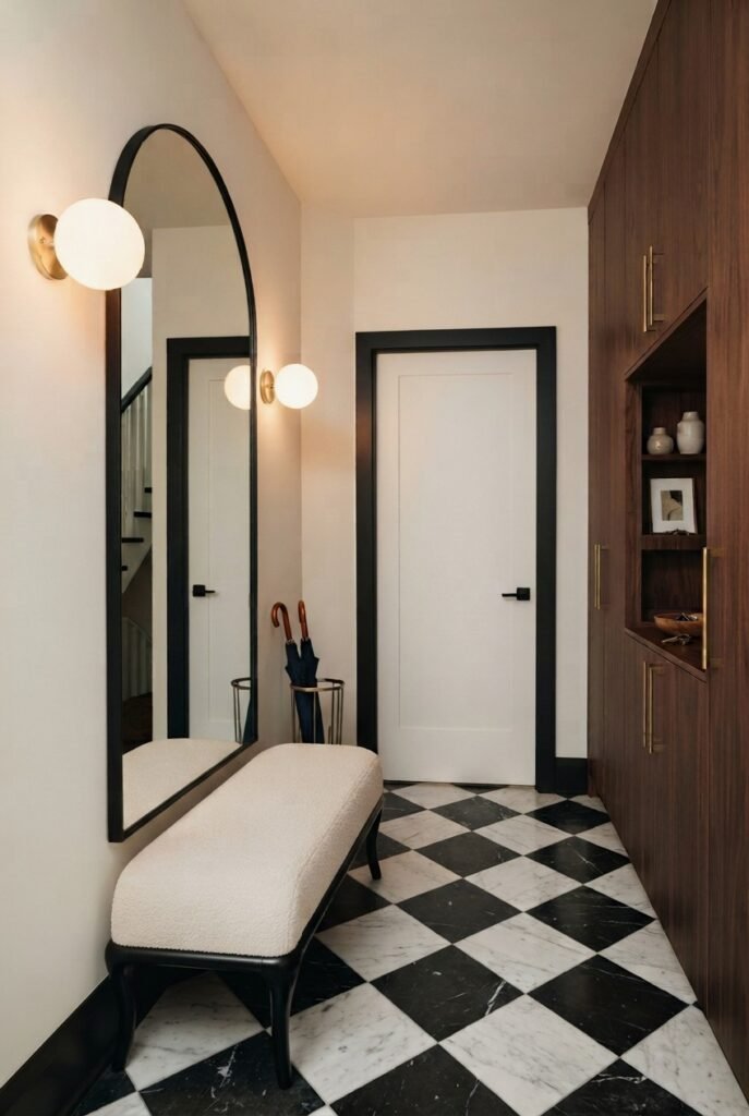 Small entryway with a dark built-in closet and arched mirror