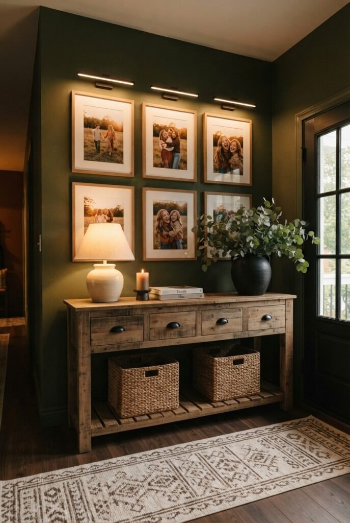 Small entryway with a gallery wall and dark green walls