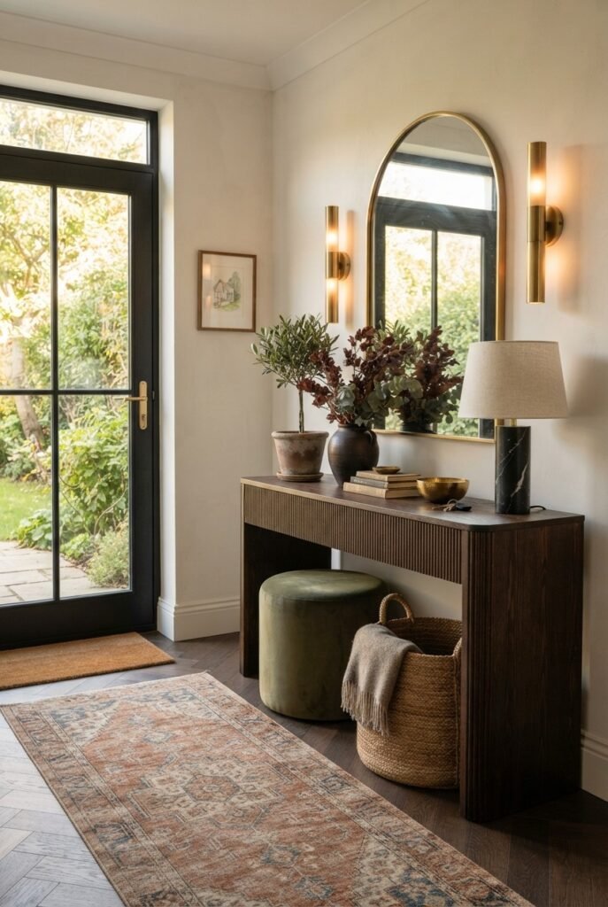Small mudroom entryway with a built-in bench and woven baskets