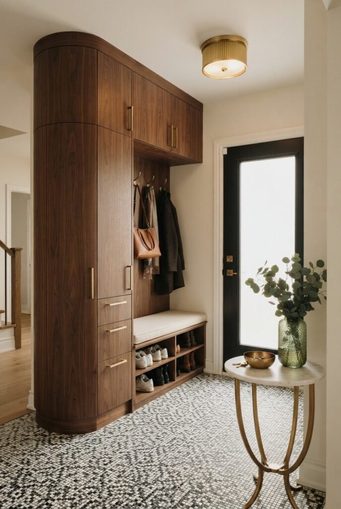 Small entryway with built-in shoe storage and a cushioned nook
