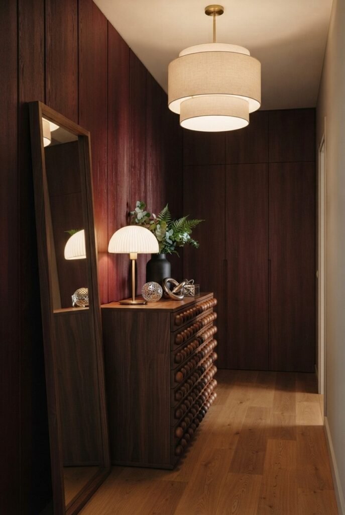 Small entryway with a wood console and full-length mirror