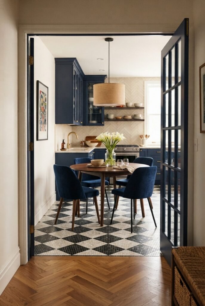 Small navy kitchen with a black and white checkered floor