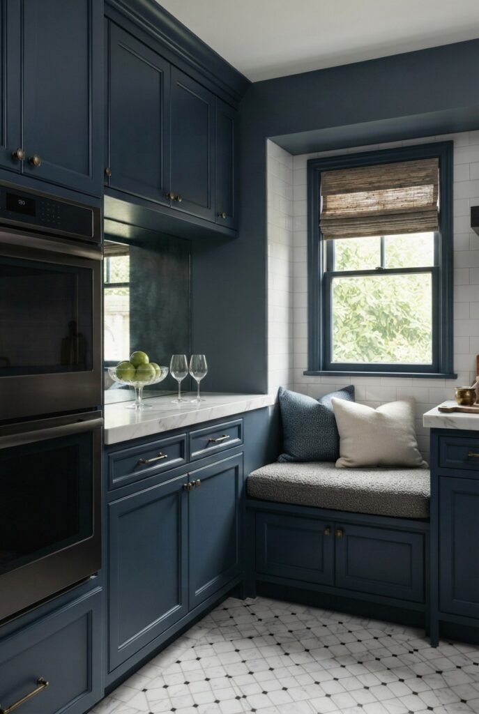 Small navy kitchen with a black and white checkered floor