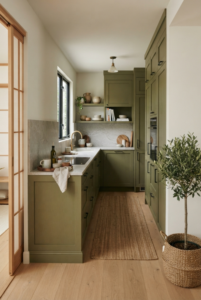 Olive green Japandi galley kitchen with marble and shoji door