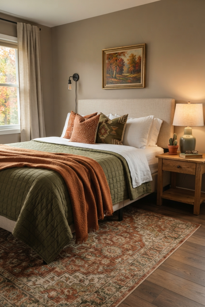Warm autumnal fall bedding in rust and cream tones
