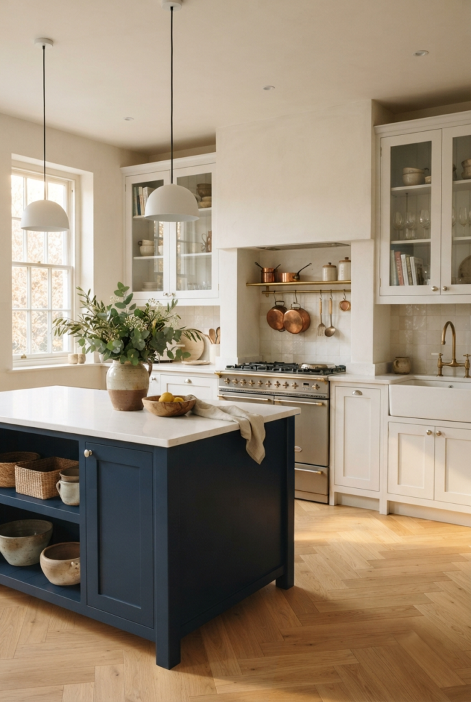 white kitchen colorful island