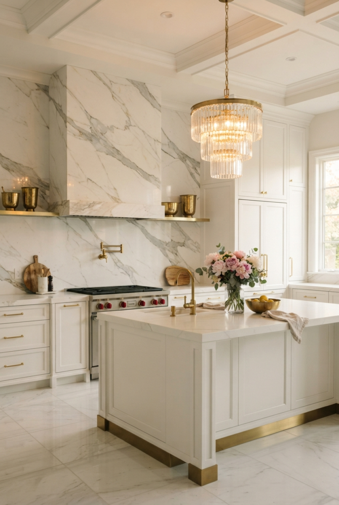 white kitchen marble backsplash