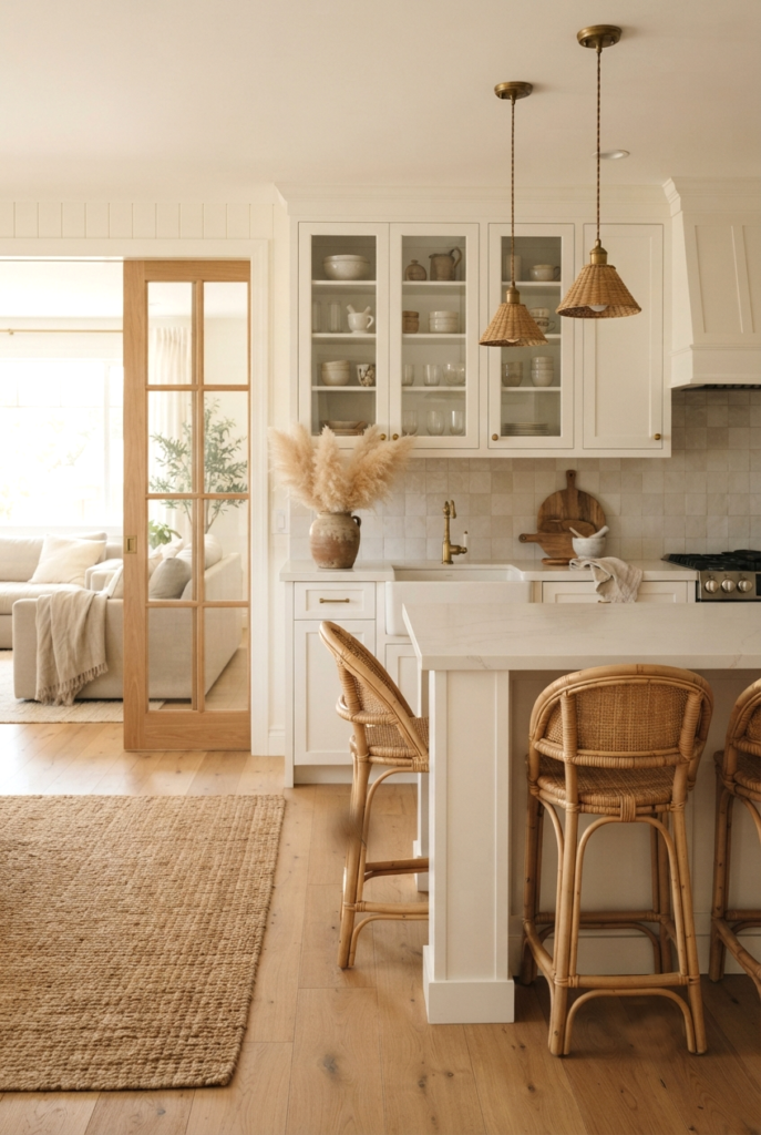 white kitchen wood accents