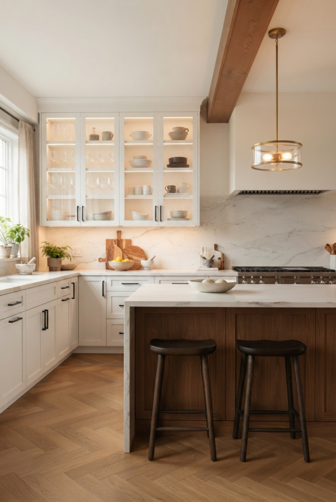 white kitchen wood island