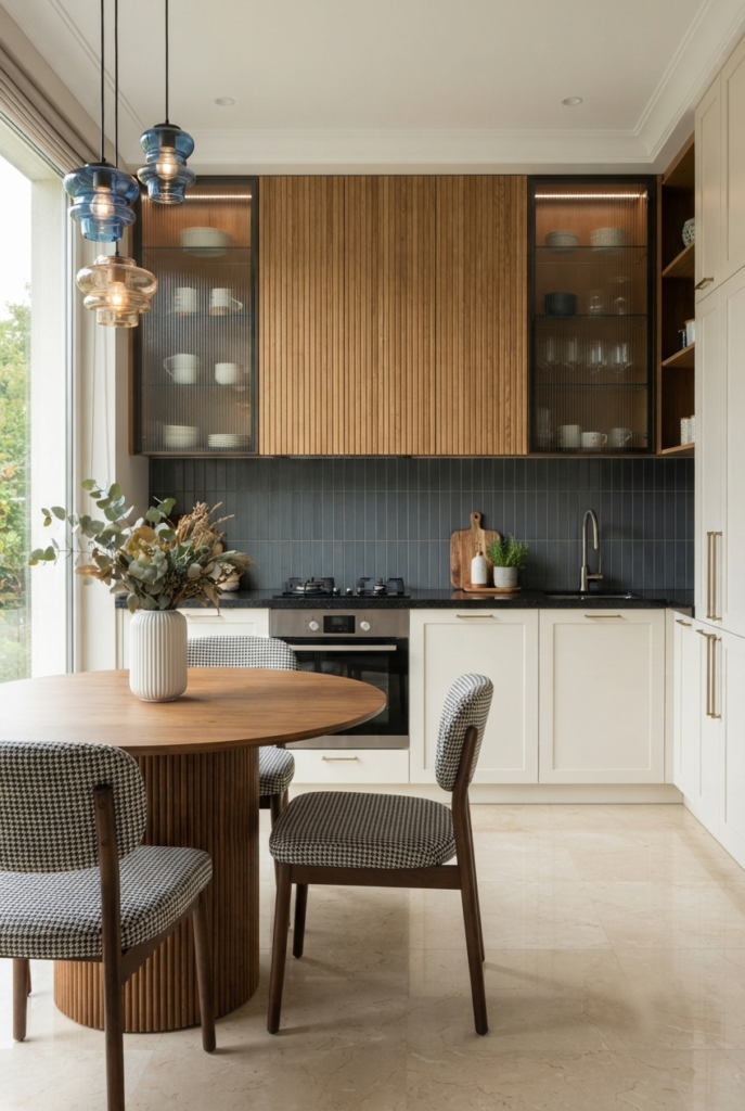 Blue-grey two-tone kitchen with dusty blue lower cabinets
