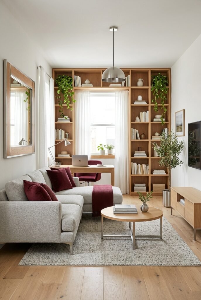 Small open-plan space with zones defined by a rug and layout
