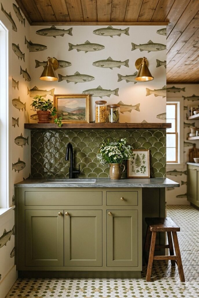 Emerald and forest green kitchen cabinets with marble and brass