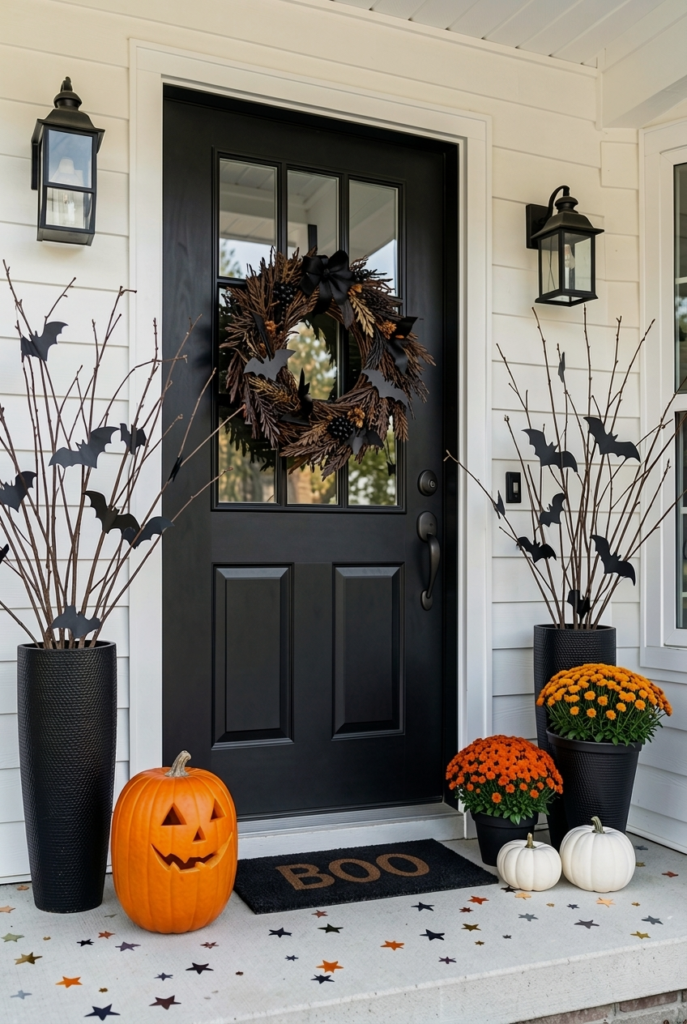 Black front door decorated with bat branches and pumpkins