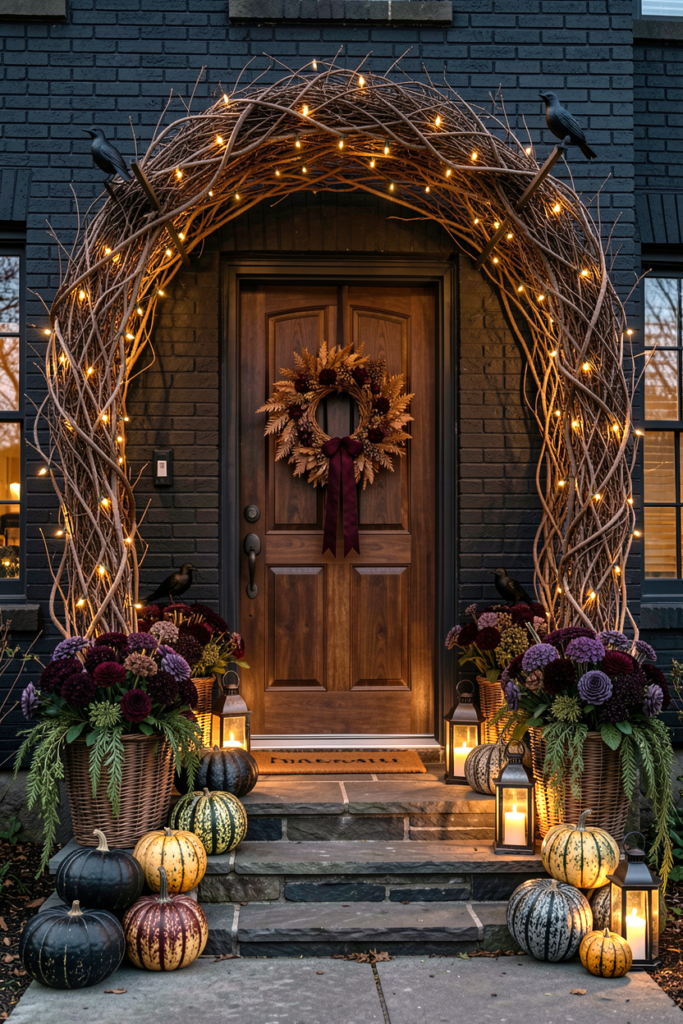 Dark front porch with a branch arch and black pumpkins