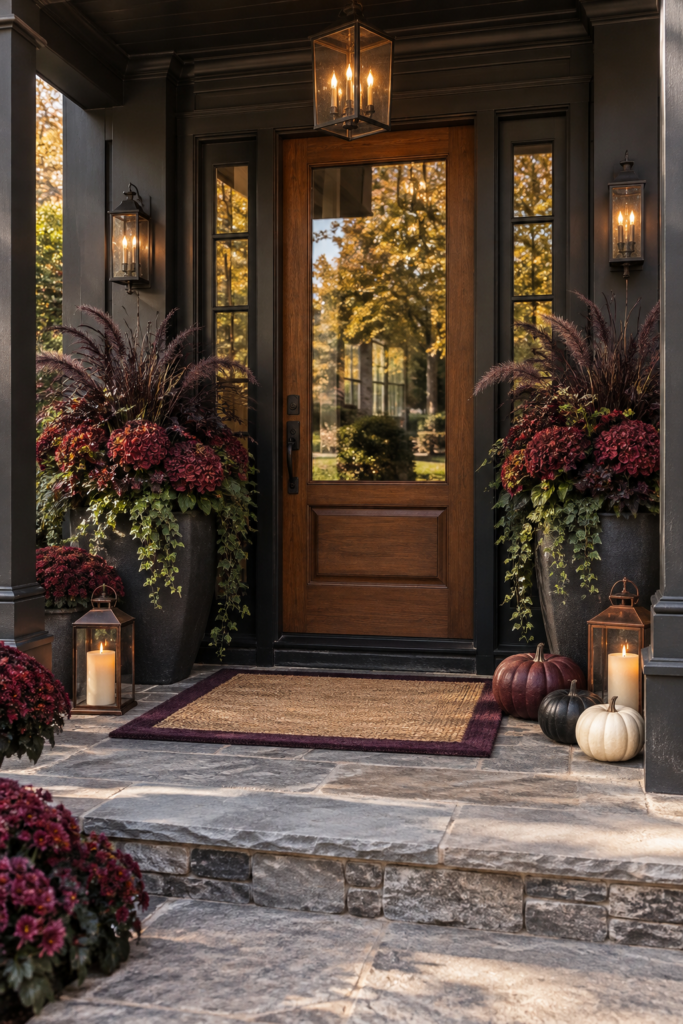 Front door with burgundy hydrangea planters and a jute doormat