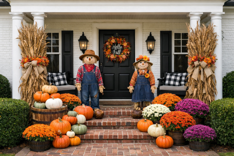 White colonial porch decorated with scarecrows and orange mums