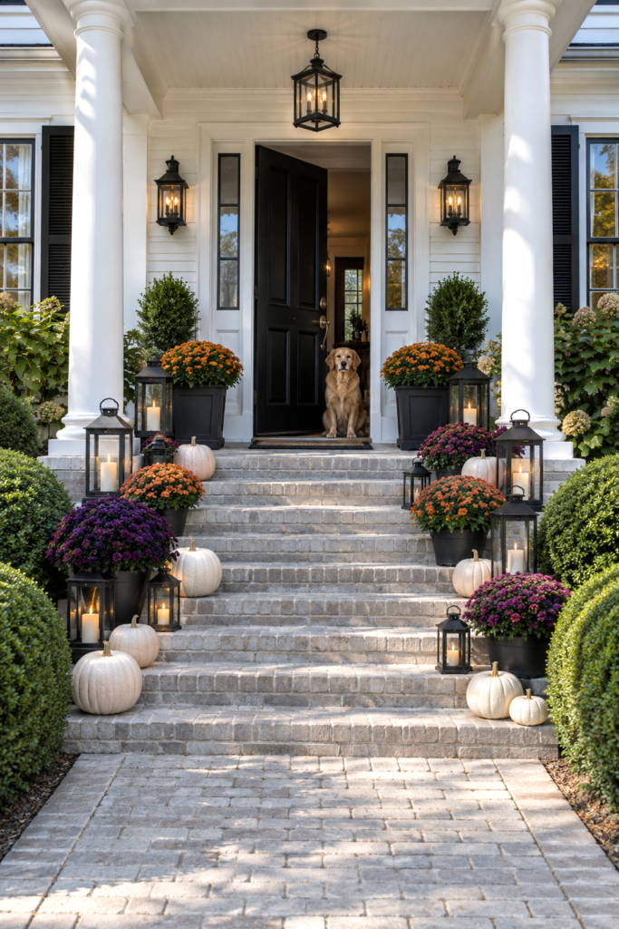 White porch steps lined with pink mums and white pumpkins