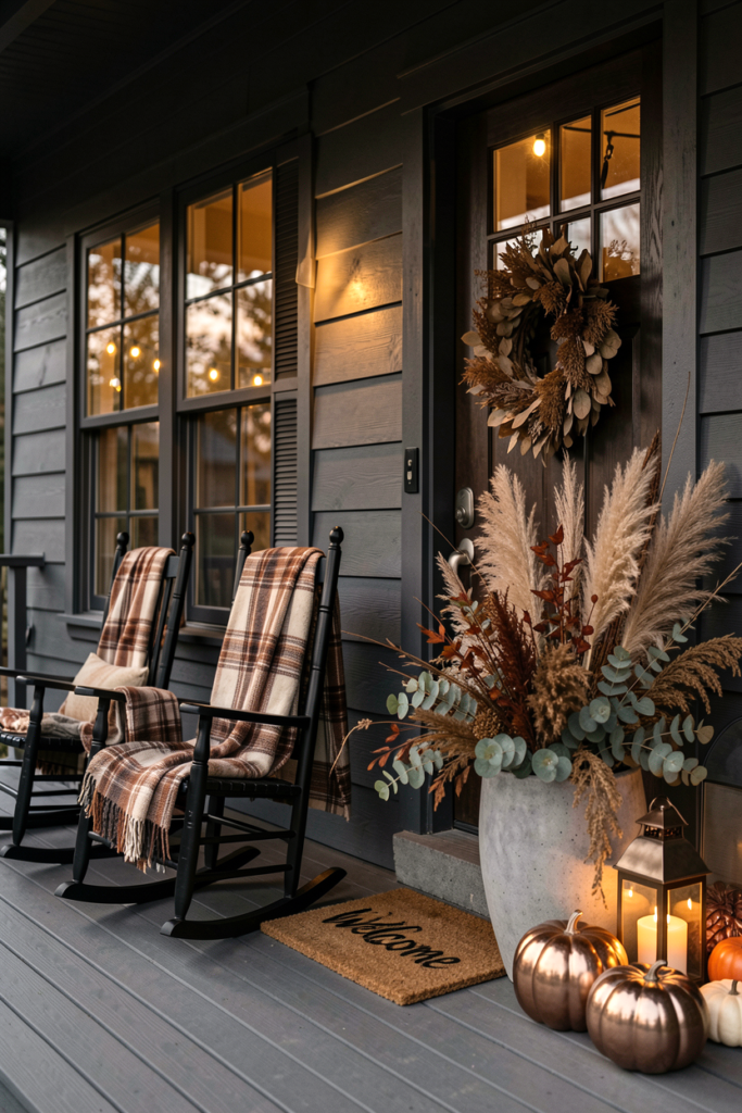 Dark farmhouse porch with rocking chairs and metallic pumpkins
