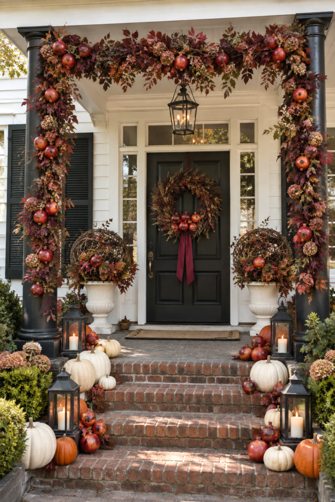 White porch decorated with a pomegranate and foliage garland