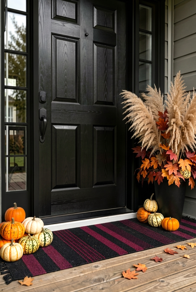 Front door with a striped doormat and small heirloom pumpkins