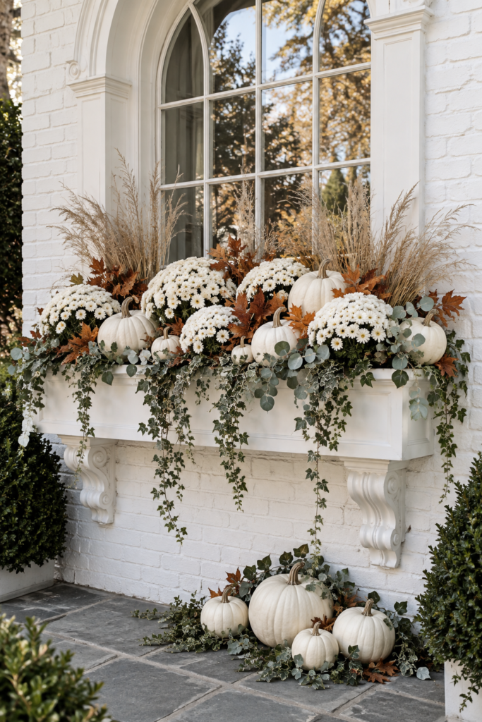 White arched window box with white mums and heirloom pumpkins