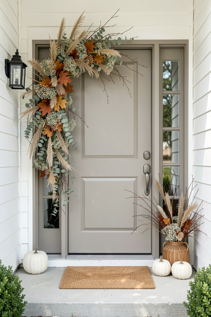 White front door with a wispy dried grass and leaf garland