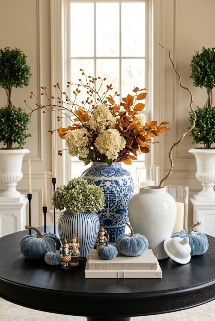 Blue and white chinoiserie vases with velvet pumpkins