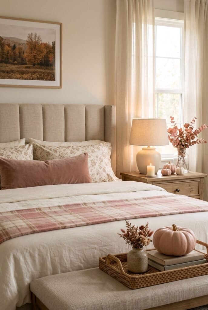 Blush bedroom styled with ceramic pumpkins and dried eucalyptus