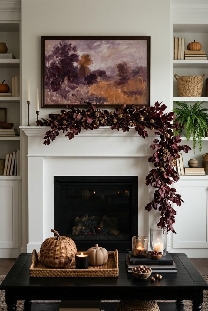 Black coffee table styled with a burgundy leaf garland