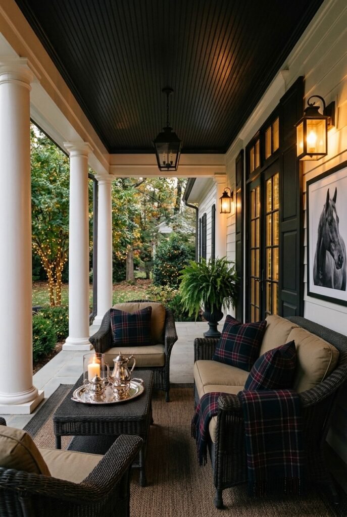 Covered porch with plaid pillows and a silver tea set