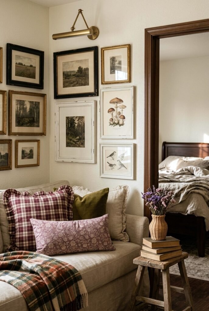 Gallery wall nook with layered plaid and velvet pillows