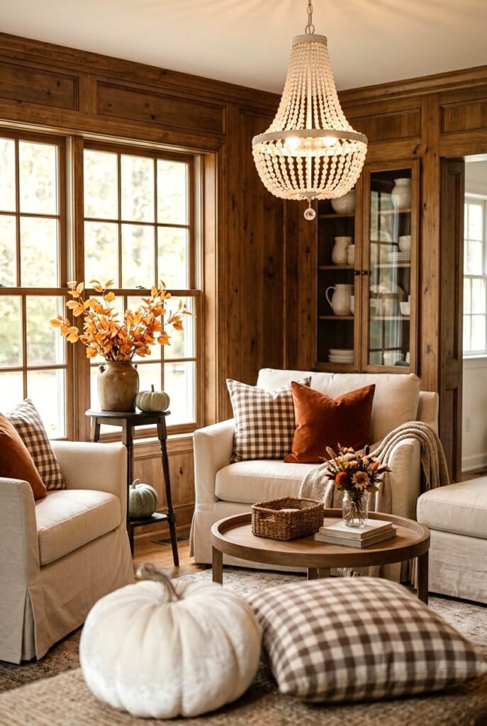 Traditional living room with gingham pillows and a velvet pumpkin