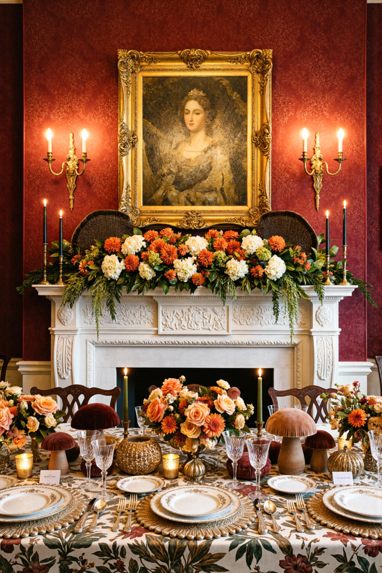 Red damask dining room with a floral mantel garland
