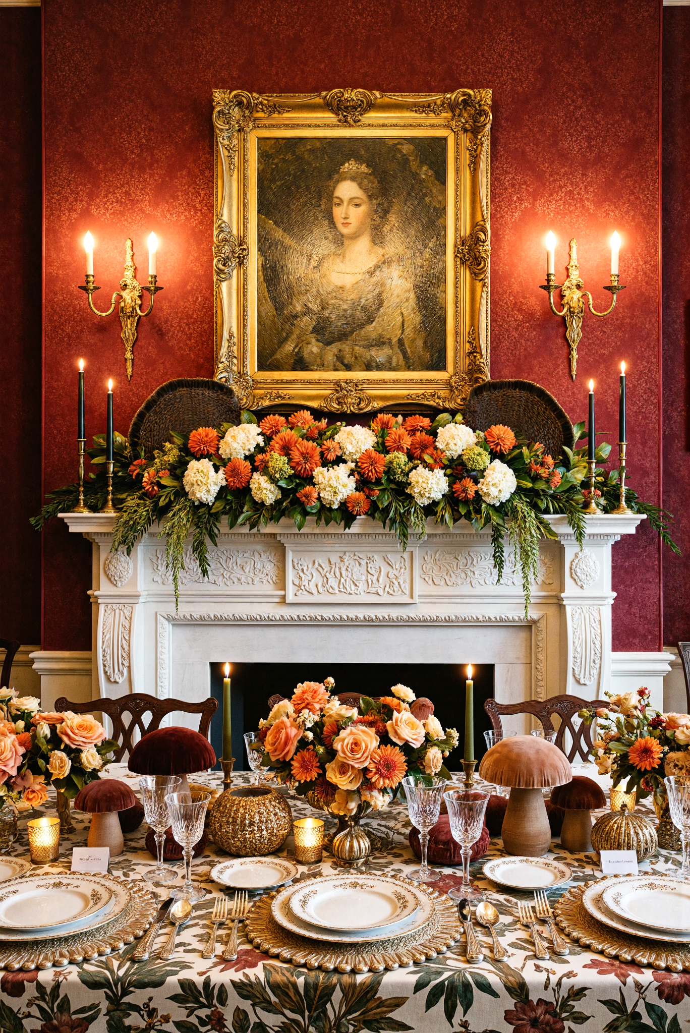 Red damask dining room with a floral mantel garland