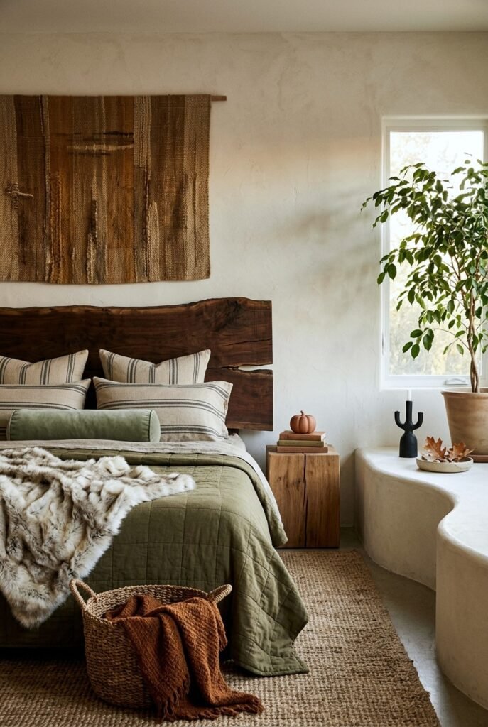 Earthy bedroom with a raw wood headboard and a mini pumpkin