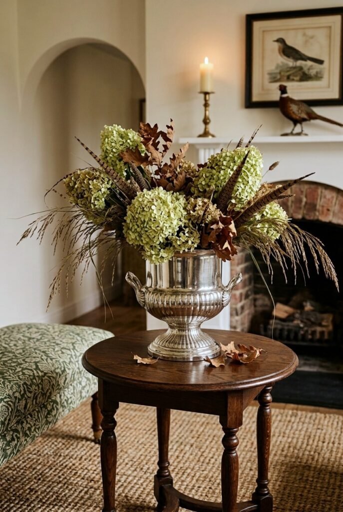 Silver urn filled with a foraged autumn floral arrangement