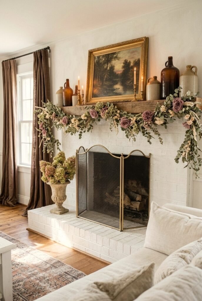 Fireplace mantel with antique glass bottles and a fabric flower garland