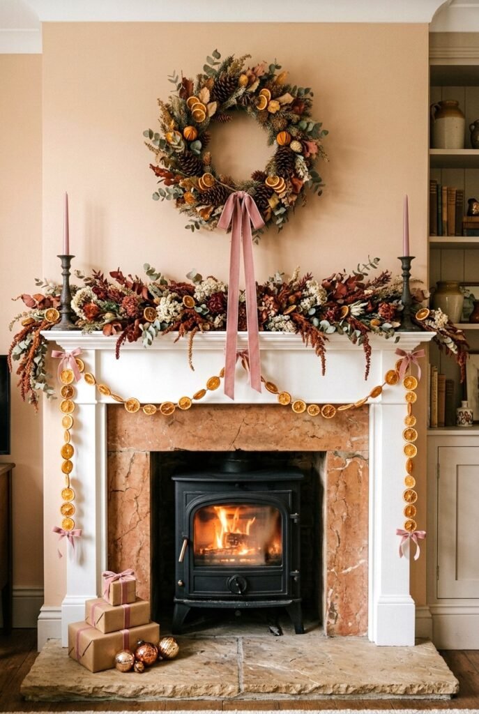 Fall mantel decorated with a dried orange garland and pink ribbons
