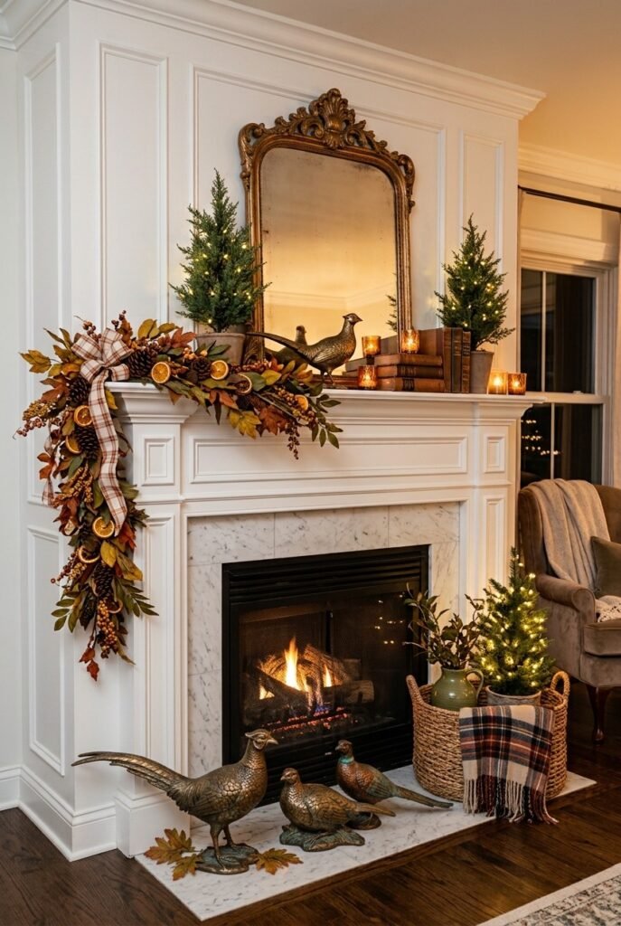 Fall mantel with faux pine trees and an antique gold mirror