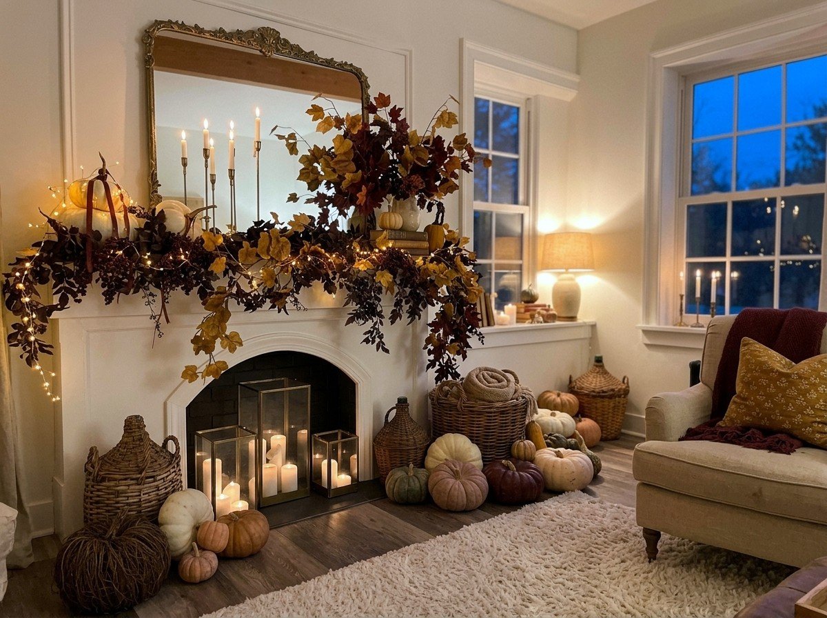 Arched mantel styled with heirloom pumpkins and glowing lanterns