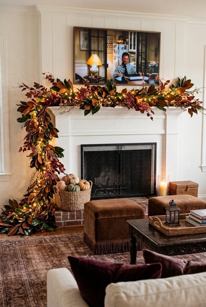 Fall mantel garland made of magnolia leaves and fairy lights