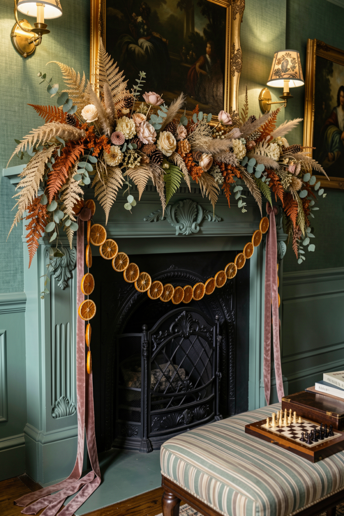 Sage green mantel with a dramatic dried floral swag