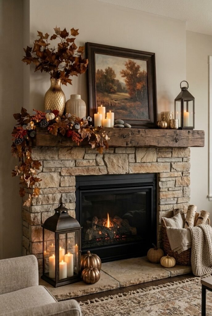 Stone fireplace styled with dried leaves and bronze pumpkins
