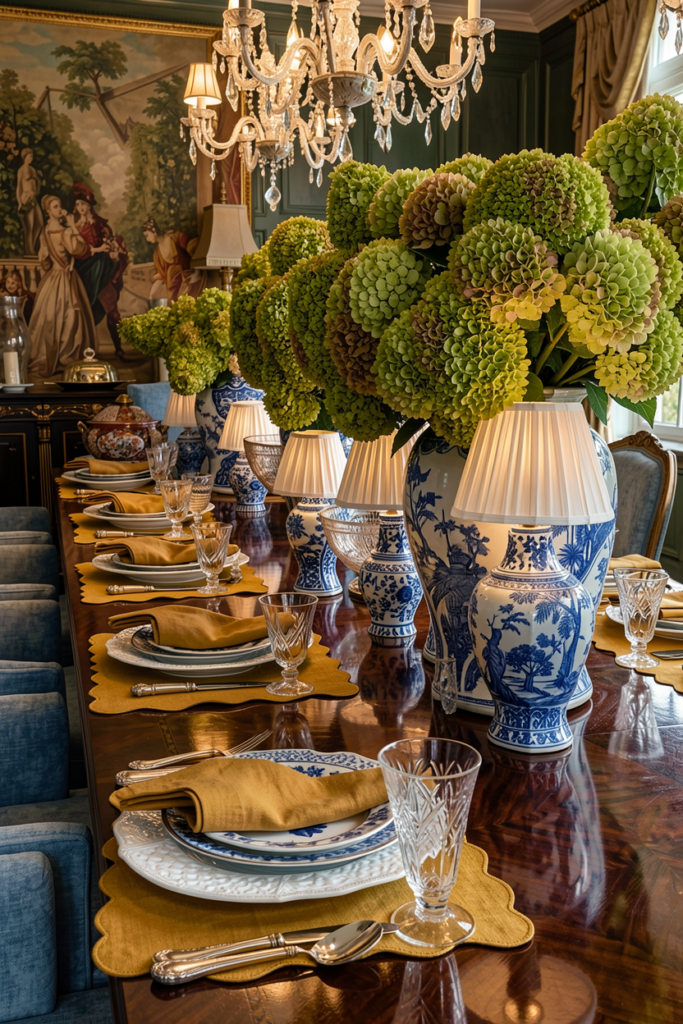Formal tablescape with blue and white vases of green hydrangea