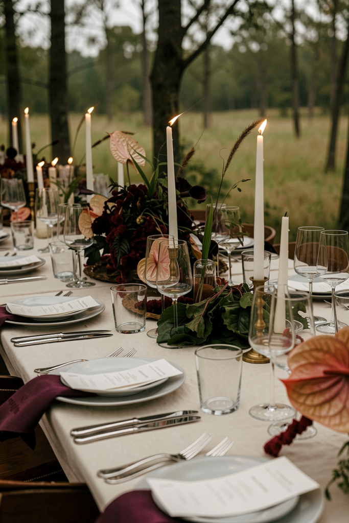 Fall tablescape with burgundy florals and tall taper candles