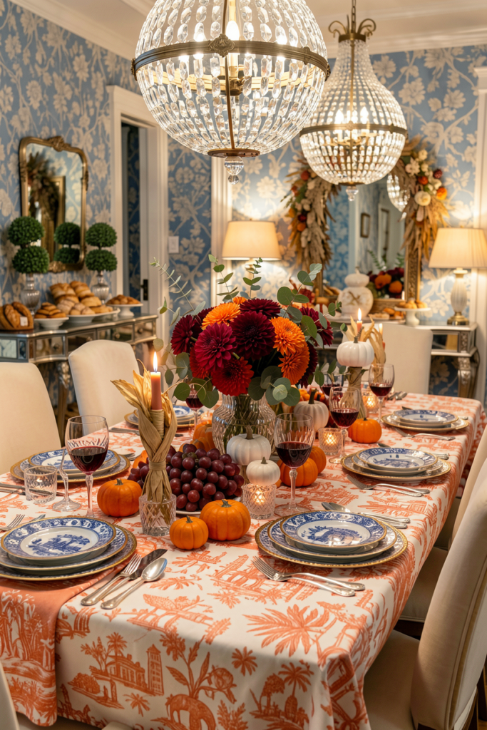 Thanksgiving tablescape with grapes, pears, and crystal chandeliers